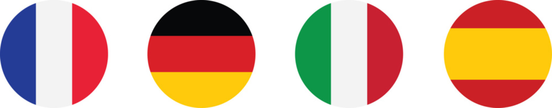 European flag circle button icon set with United Kingdom France Germany Italy and Spain badges, national country symbols in flat vector style