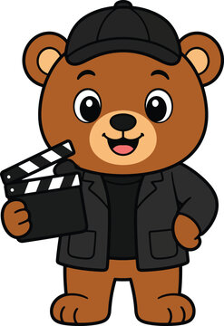 Cute Bear Character Holding Clapperboard for Film Production.