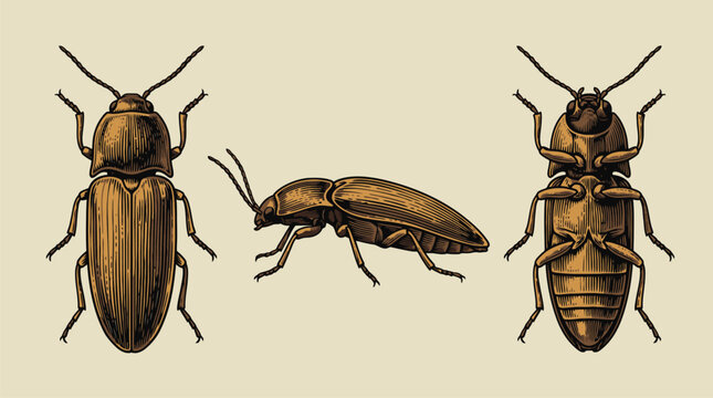 Three beetle vector illustration set in stylized 3d insect design.