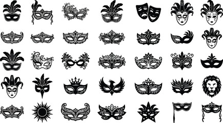 Ornate venetian carnival mask silhouettes and theater icons set © Lunatix Studio