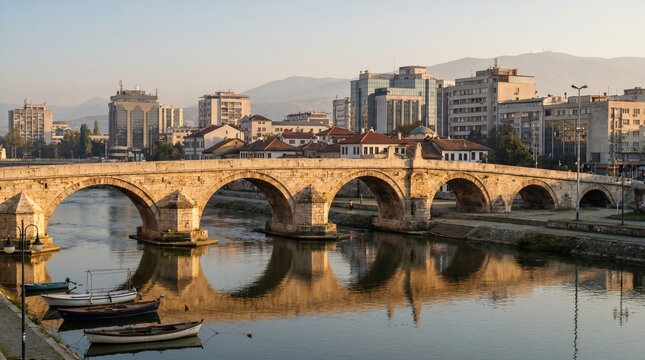 Stone bridge over river in urban cityscape at sunset in 359 style photography