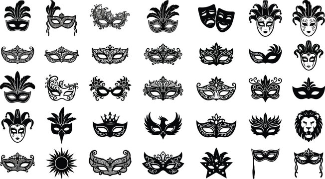 Ornate venetian carnival mask silhouettes and theater icons set