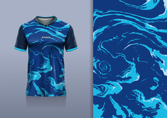 T-shirt mockup abstract cloud wave texture grunge sport jersey design for football, soccer, racing, esports, running, blue color © Nimpuna O