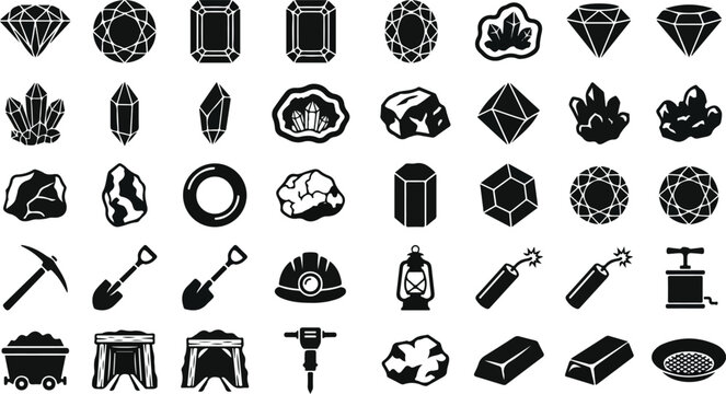 Gemstone and mining industry icons including tools and crystals