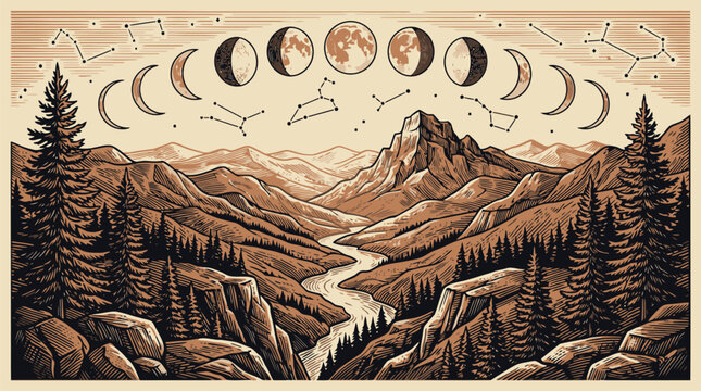 Vintage vector night landscape with mountains forest and moon phases.