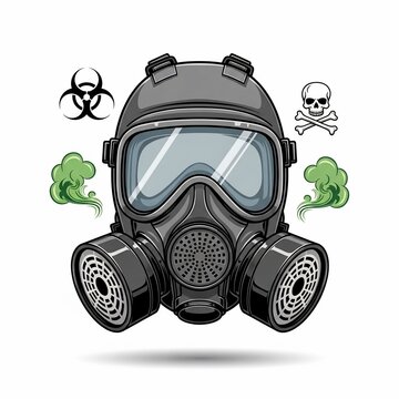 Illustration: Grayscale Gas Mask, Green Toxic Smoke, Biohazard Symbol
