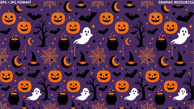 Halloween Seamless Pattern Vector &mdash; Spooky Black Orange Ghost Pumpkin Bat Background Repeat Design EPS October