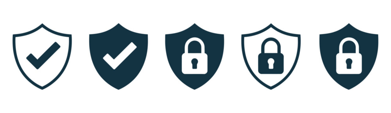 Security shield icon set, safety shield logotypes, check mark and padlock symbols, protection and security vector illustration