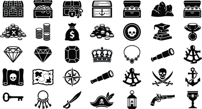 Pirate treasure and maritime adventure icon set