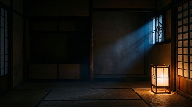 Atmospheric dark traditional Japanese room at night with an andon floor lantern and a sharp beam of blue moonlight piercing the window