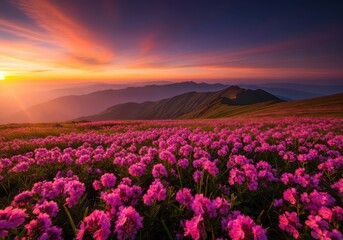Obraz premium Pink and purple pixel art sunset over blooming flowers in spring field