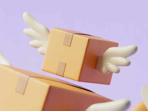 Cardboard delivery boxes with white wings floating against a soft purple background, 3d logistics