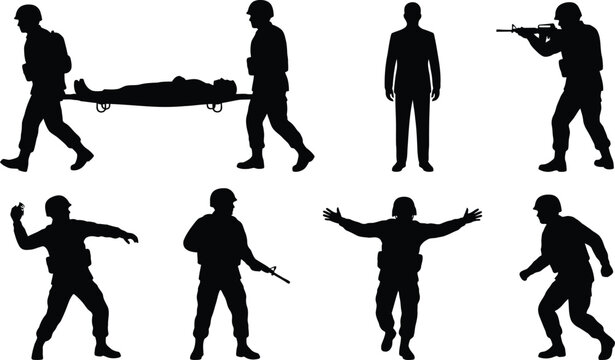 Set of military soldier silhouettes in various actions including carrying a stretcher, aiming a rifle, throwing a grenade, and standing in uniform