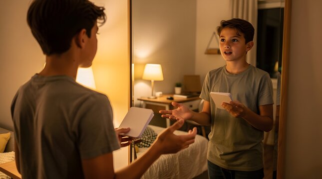 Two Young Boys Practicing a Presentation in a Bedroom, One Holding Notes and the Other a Tablet.