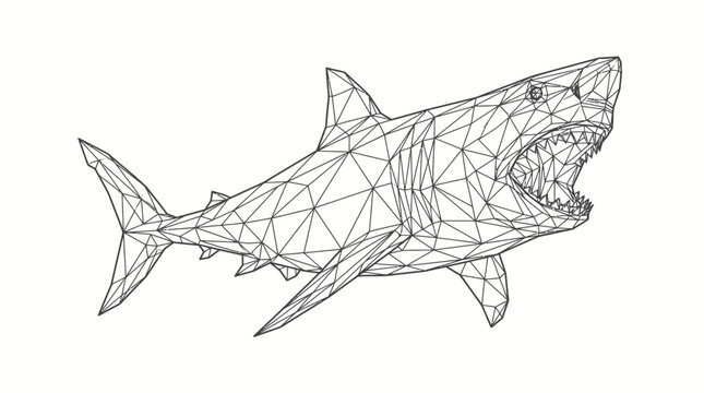 Low poly wireframe great white shark with open mouth.