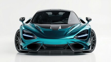 Naklejka premium Turquoise sports car front view with sharp LED headlights against a clean white studio background