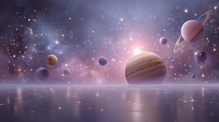 Naklejka premium Expanding horizons in hybrid work as a lone explorer gazes at a serene cosmic seascape reflecting growth and limitless career possibilities.