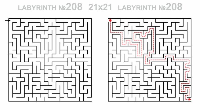 Square labyrinth 21x21 with solution. Maze for kids activity. Labyrinth game grid with answers. Medium difficulty.
