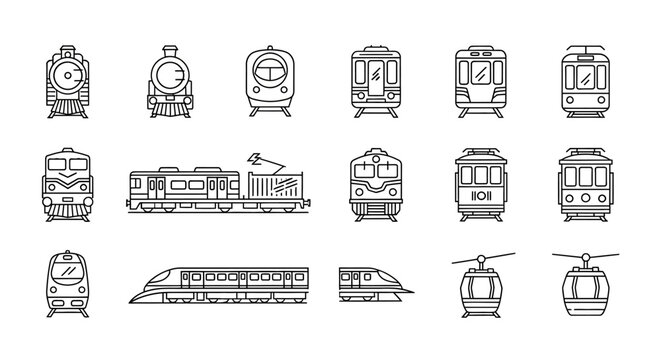 Collection of diverse train and tram illustrations in black and white outline style.