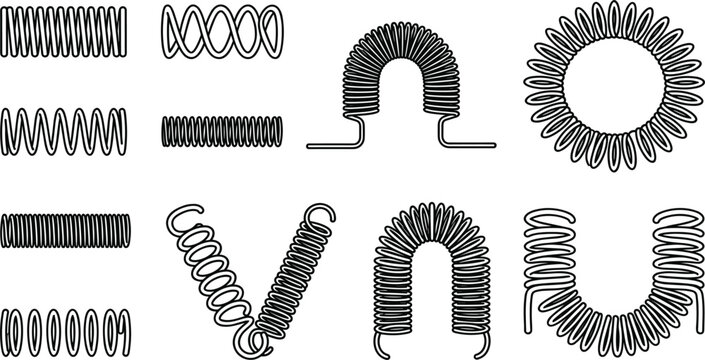 Metal coil spring flexible outline vector icon set showing realistic technical mechanisms spiral shapes compressed tension helix wire structures isolated on white background for physics mechanics.eps