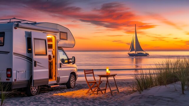 Motorhome by seaside at sunset with travel adventure and relaxation
