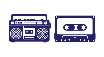 Obraz premium Retro audio equipment icon set featuring boombox and cassette tape musical equipment cassette deck old school audio player media device electronics technology entertainment recorder