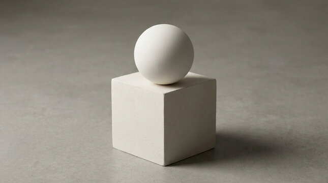Minimalist Composition of White Sphere Balancing on a Cube, Emphasizing Geometric Forms, Light, and Shadow on a Neutral Grey Background