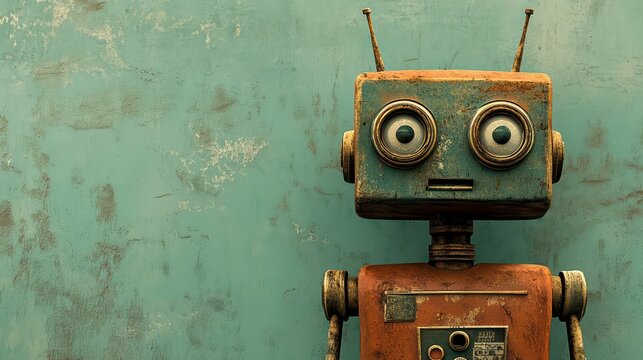charming vintage-style robot with a weathered, rustic look against a muted green background. Its big expressive eyes and simple antenna give it a nostalgic, whimsical, and endearing character
