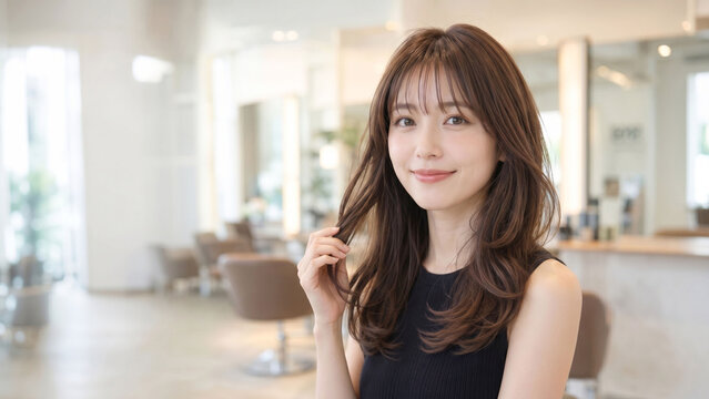 明るく洗練された美容室の店内で自然に微笑む若い女性のビューティーポートレート。ロングレイヤーヘアと黒のノースリーブが映える、ヘアサロン・美容・ヘアケアイメージ