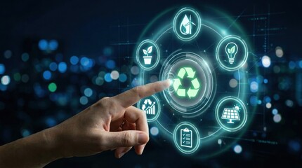 Fototapeta premium Sustainable technology concept hand interacting with circular green energy icons on a digital network