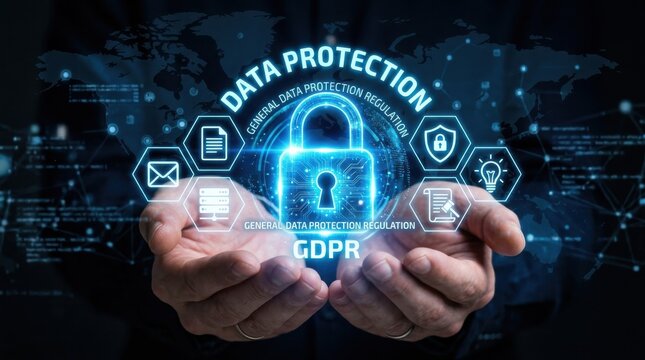 Data protection concept hands holding a glowing padlock with gdpr and security icons