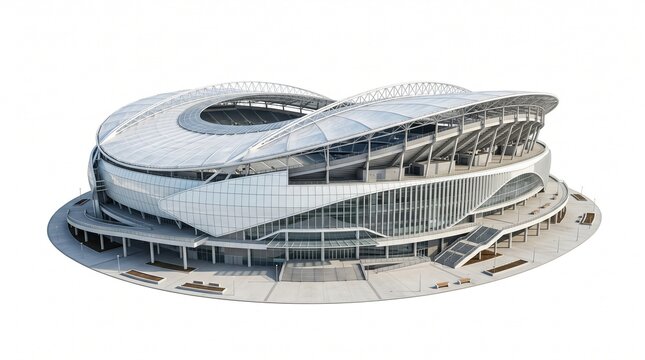 Modern Futuristic Sports Stadium with Curved White Roof and Glass Facade 3D Architecture Visualization