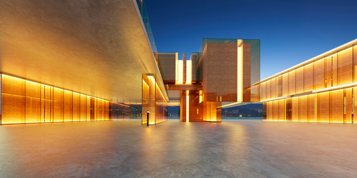 3d rendering modern building exterior with architectural lighting at dusk