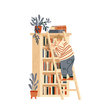 Person with dwarfism climbs ladder reaching for book on shelf