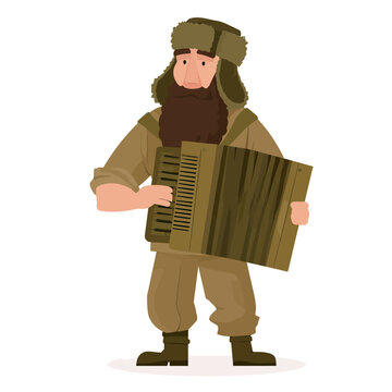 Russian man with beard wearing ushanka hat plays accordion