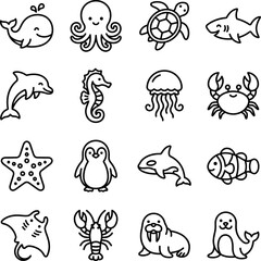 Obraz premium Cute marine animals and sea creatures illustrations on white background