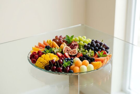 Colorful Selection of Fresh Seasonal Fruits on a Large Glass Plate