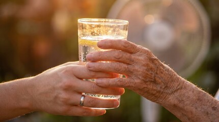 Senior person receiving glass of sparkling water with lemon from caregiver outdoors during golden hour for hydration and elderly care awareness © AspctStyle