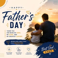 Obraz premium Happy father's day concept social media post with father and son sitting by lake, fathers day