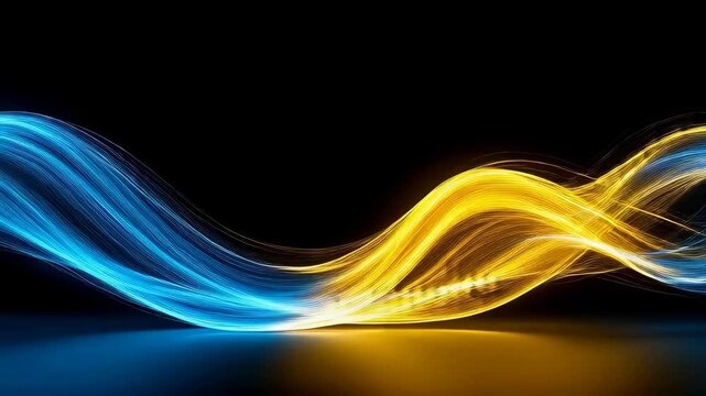 Abstract blue and yellow glowing neon wave lines dynamic background. Smooth fluid light trails with surface reflection. Digital energy visual effects for future tech presentations, network data flow, 