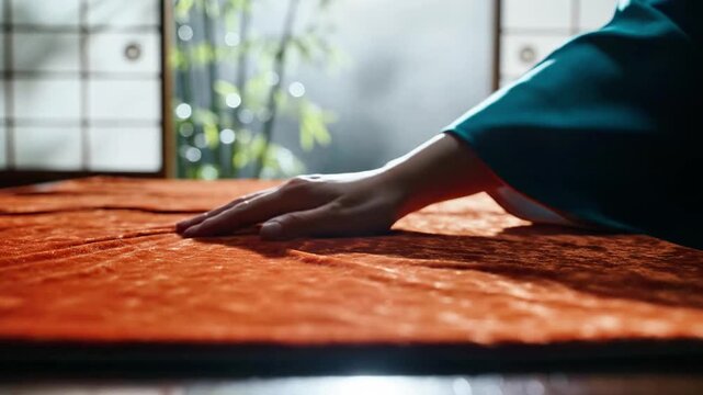 A person's hand rests on a vibrant red fabric surface with a subtle pattern, set against a softly lit background with hints of greenery