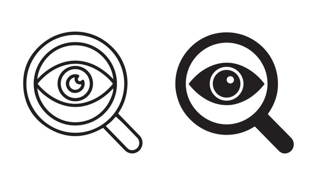 Eye scan icon set with magnifying glass outline and silhouette vectors.