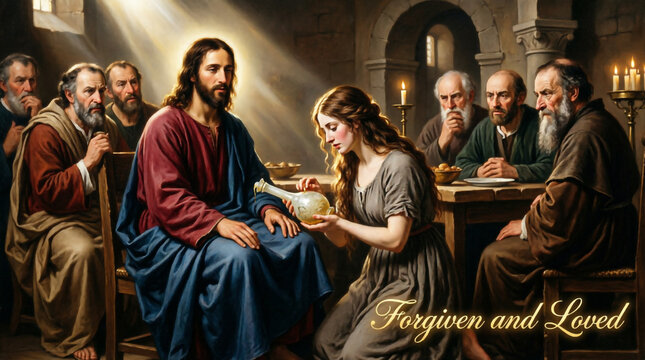A sinful woman anoints Jesus with precious perfume in a profound act of humble devotion.