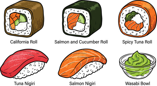  Japanese sushi set vector illustration featuring california salmon cucumber spicy tuna maki rolls alongside tuna and salmon nigiri with a small green wasabi bowl isolated on a clean white background.
