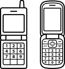 Classic Flip Mobile Phone Outline Collection Featuring Retro Clamshell Communication Devices and Keypad Technology Line Art Design © mos