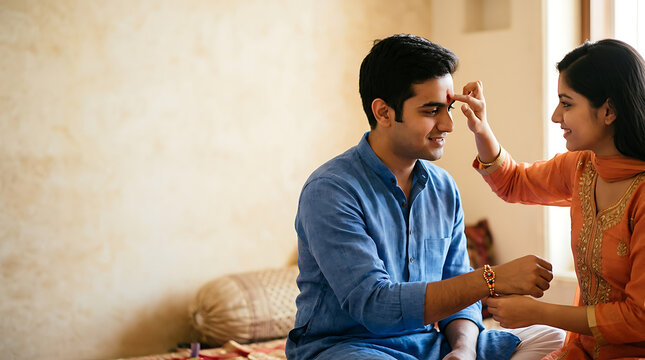 Indian sister applying tilak to her brother on raksha bandhan