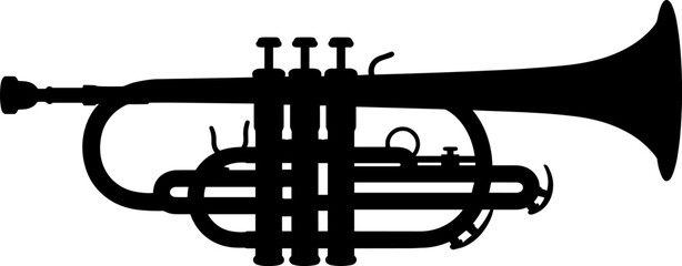 Classic Trumpet Silhouette Illustration Featuring Brass Musical Instrument Jazz Orchestra Performance and Vintage Music Design Concept © mos
