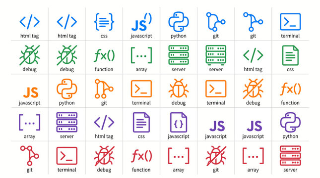 A collection of various colorful coding and programming symbols and icons on a plain surface