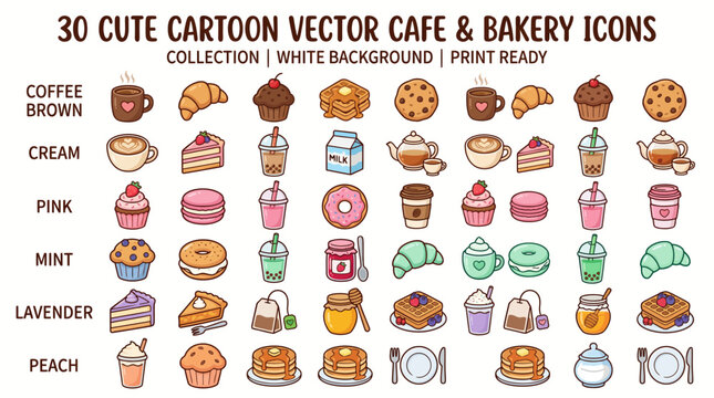 Cute cartoon vector icons of various baked goods and coffee drinks are displayed.