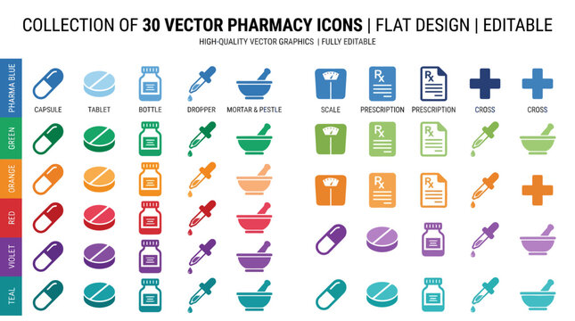 A collection of pharmacy icons featuring various medical items and healthcare symbols in a flat design style on a white background